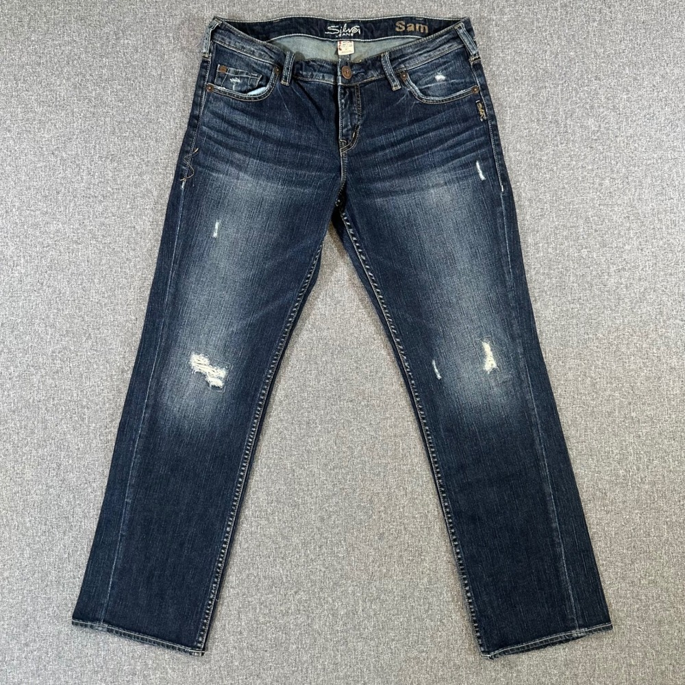 Silver Jeans Sam Slim Bootcut Dark Wash Distressed Denim W30 L30 Mens Indigo